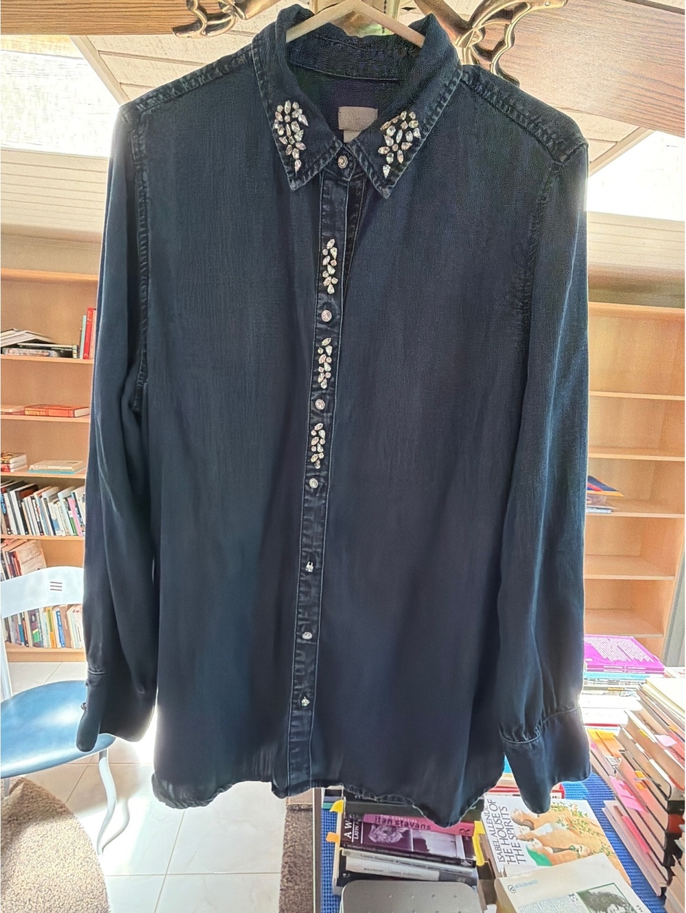 Chico’s long sleeve button up denim shirt with rhinestone detail